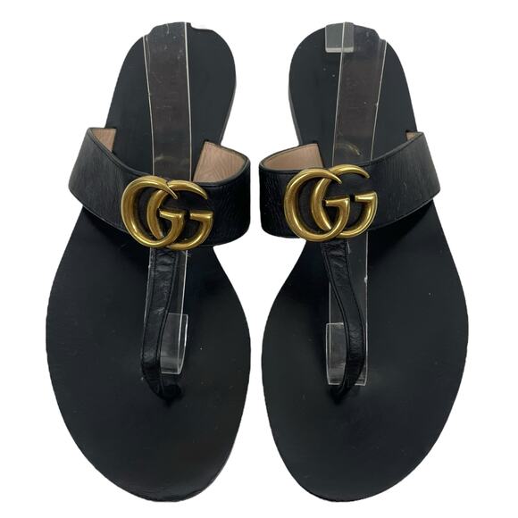 Gucci Black Leather Thong Sandals Gold Double G Logo Size 37 - Picture 4 of 13